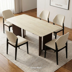 Almira 180cm Walnut & Travertine Dining Table with Mira Walnut & Cream Upholstered Chairs Modern Elegant Luxury Dining Set