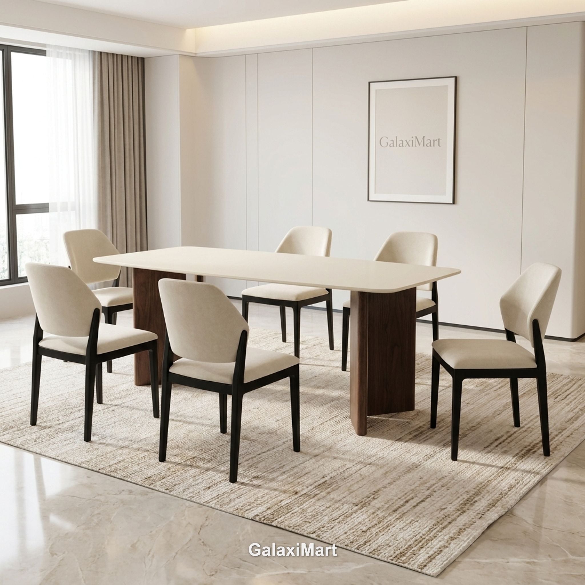Almira 180cm Walnut & Travertine Dining Table with Mira Walnut & Cream Upholstered Chairs Modern Elegant Luxury Dining Set