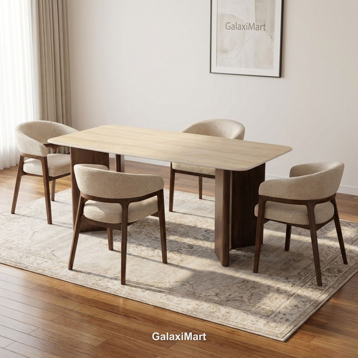 Almira 180cm Walnut & Travertine Dining Table with Zara Walnut & Taupe Upholstered Chairs Luxury Dining Set
