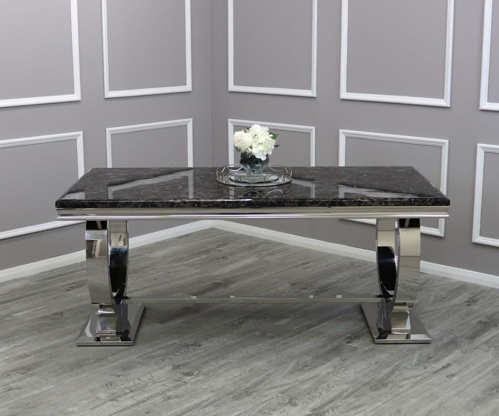 Arianna 180cm Black Marble Dining Table + Valentino Button Lion Knocker Black Velvet Chairs