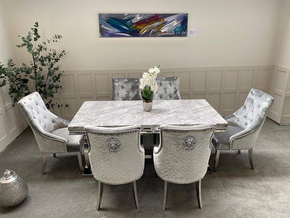Arianna Grey Marble Dining Table with Valentino Lion Knocker Velvet Chairs – 150cm, 180cm & 200cm Luxury Dining Set