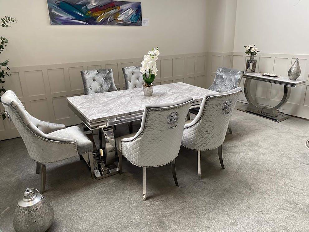 Arianna Grey Marble Dining Table with Valentino Lion Knocker Velvet Chairs – 150cm, 180cm & 200cm Luxury Dining Set