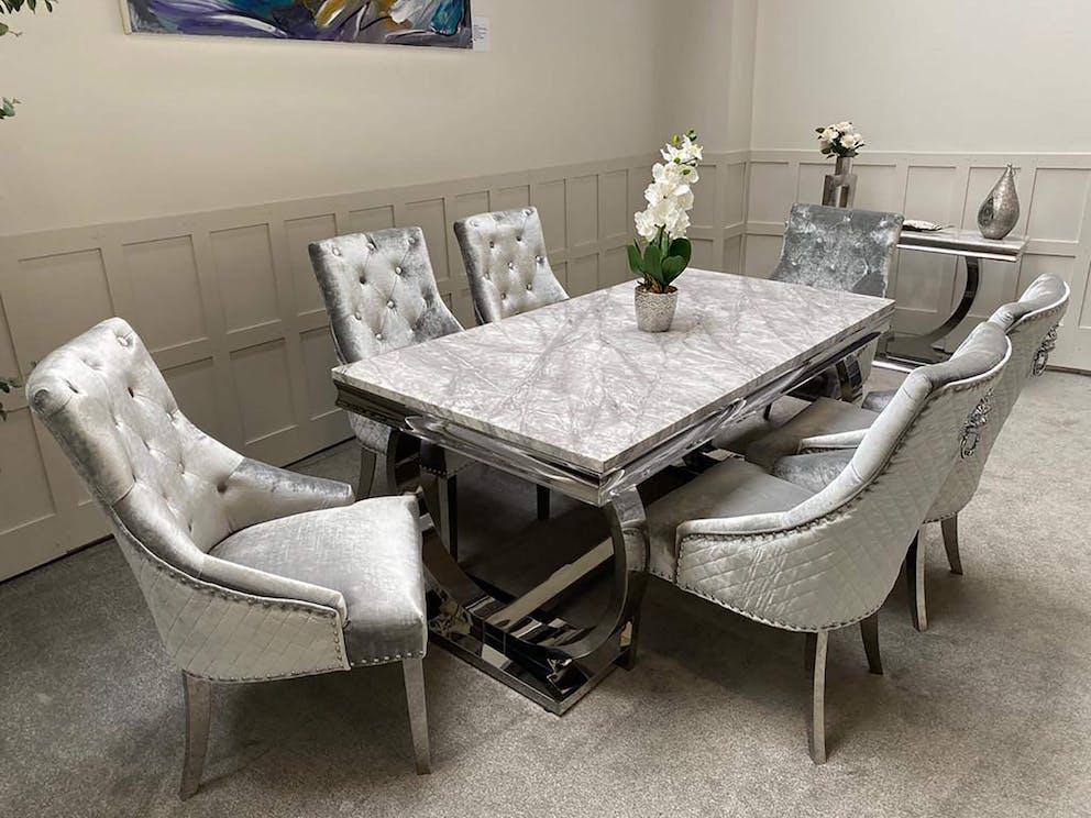 Arianna Grey Marble Dining Table with Valentino Lion Knocker Velvet Chairs – 150cm, 180cm & 200cm Luxury Dining Set