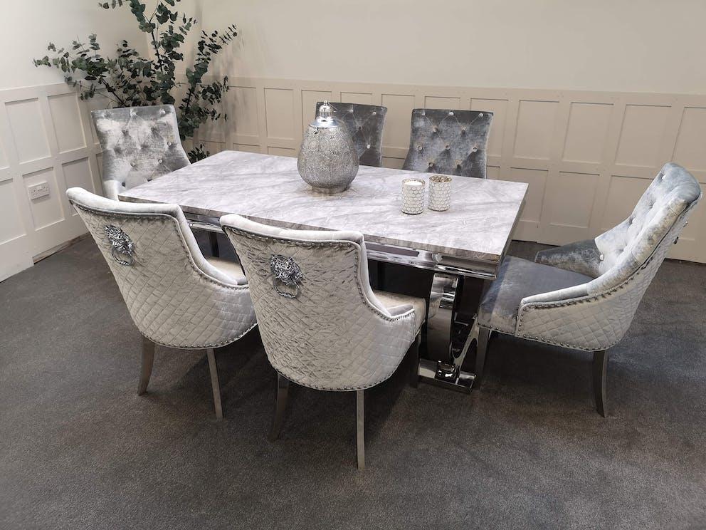 Arianna Grey Marble Dining Table with Valentino Lion Knocker Velvet Chairs – 150cm, 180cm & 200cm Luxury Dining Set