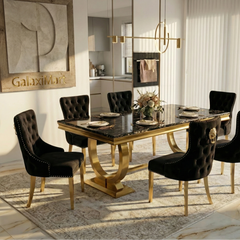 Ariana Black & Gold Marble Dining Set – Luxury Art Deco Table with Sculptural Gold Base (160cm or 180cm)
