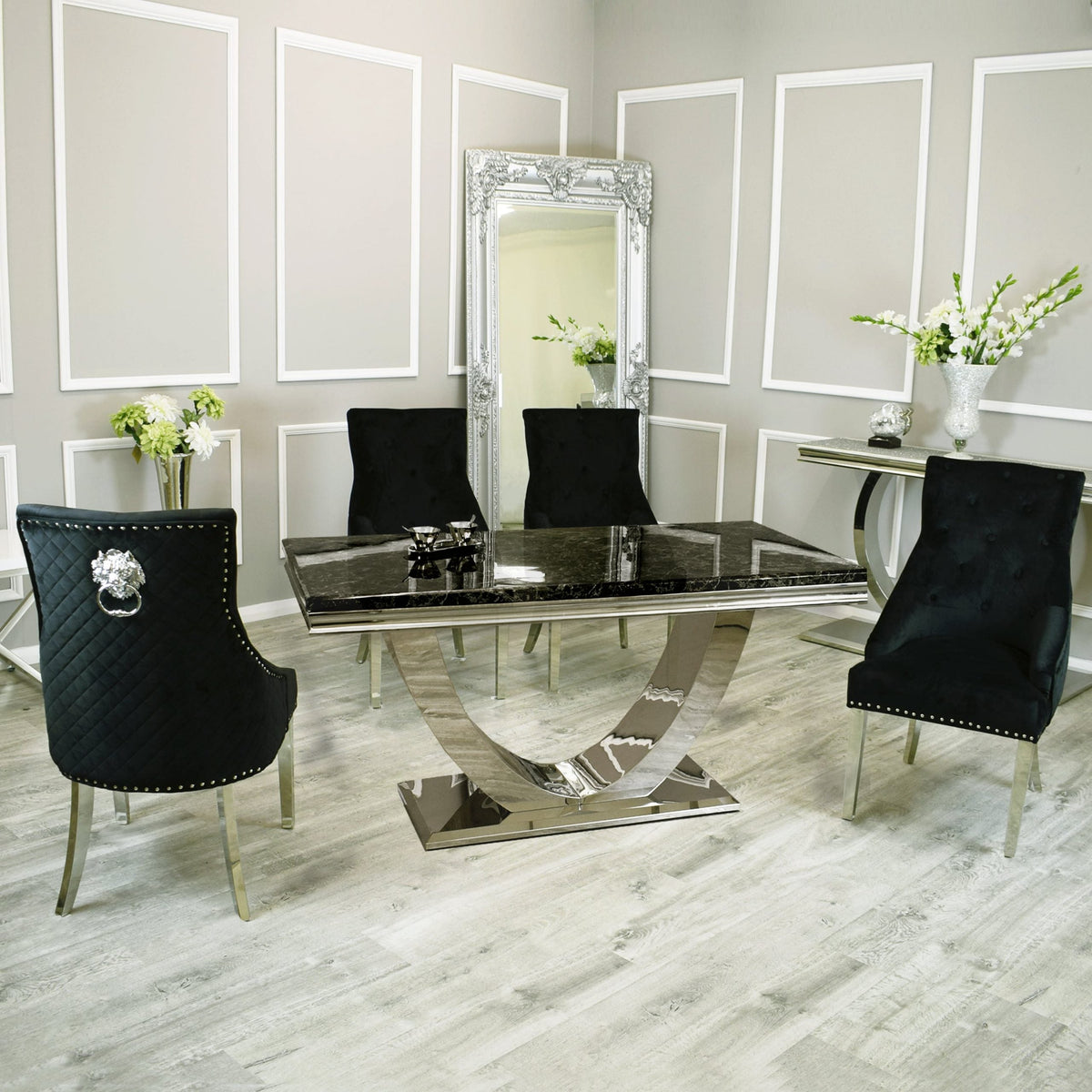 Arial 180cm Black Marble Dining Table with Black Lion Knocker Plush Velvet Chairs