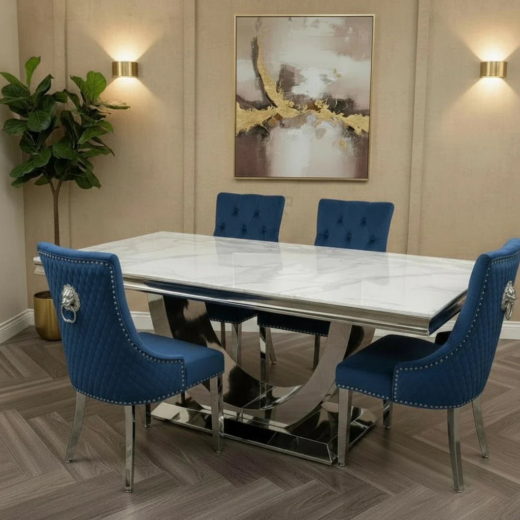 Arial White Marble Dining Table With Loin Knocker Velvet Dining Chairs