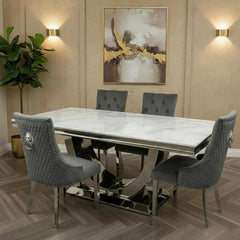 Arial White Marble Dining Table With Loin Knocker Velvet Dining Chairs