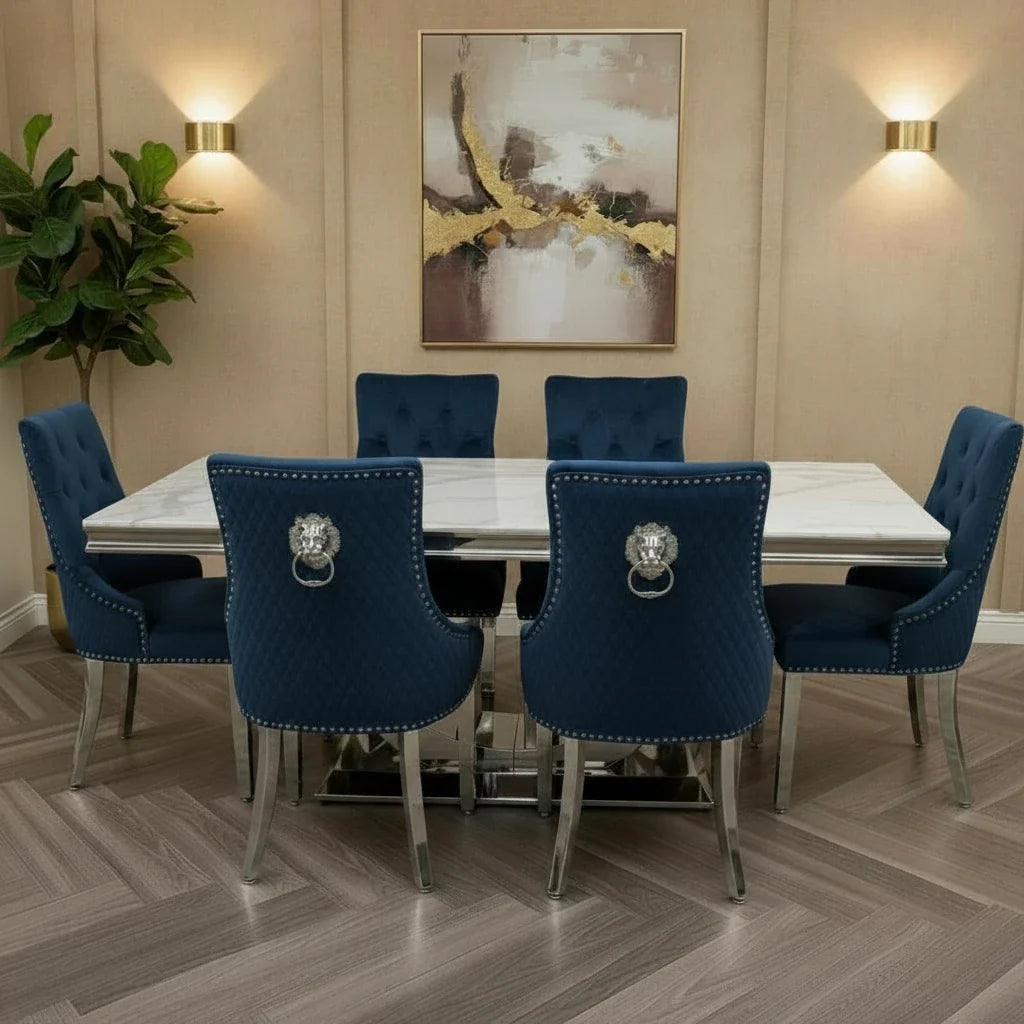 Arial White Marble Dining Table With Loin Knocker Velvet Dining Chairs