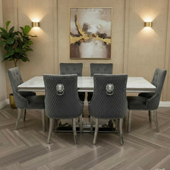 Arial White Marble Dining Table With Loin Knocker Velvet Dining Chairs