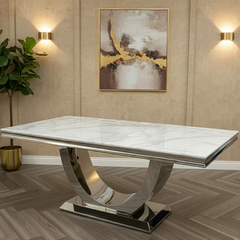 Arial White Marble Dining Table With Loin Knocker Velvet Dining Chairs