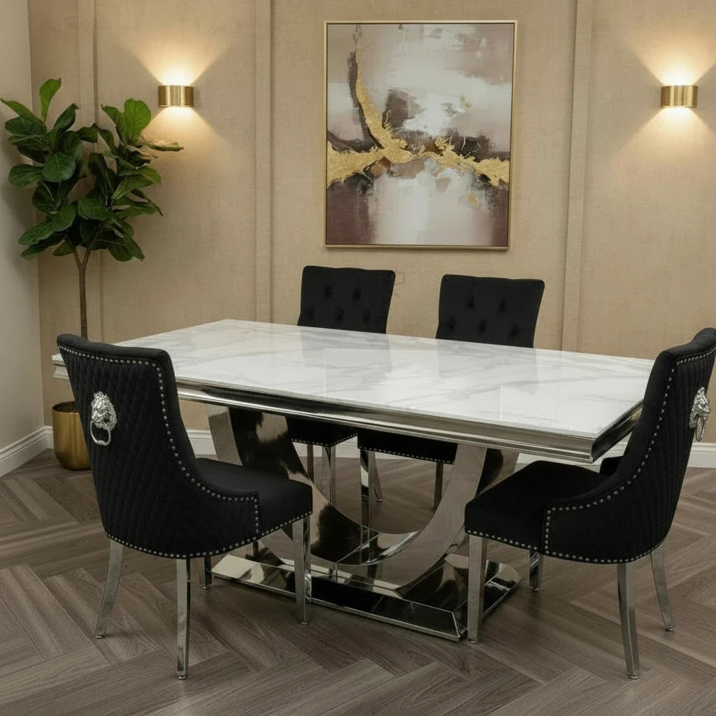 Arial White Marble Dining Table With Loin Knocker Velvet Dining Chairs