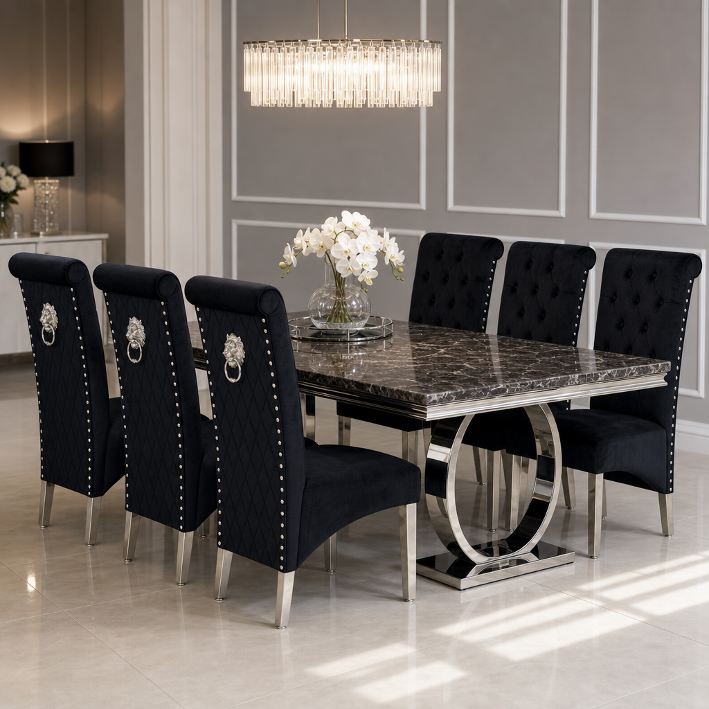 Ariana Black Marble Dining Table Set | Sofia Black Velvet Lion Knocker Chairs | 4 to 10 Seater | 3 Size Options