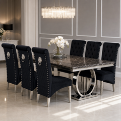 Ariana Black Marble Dining Table Set | Sofia Black Velvet Lion Knocker Chairs | 4 to 10 Seater | 3 Size Options