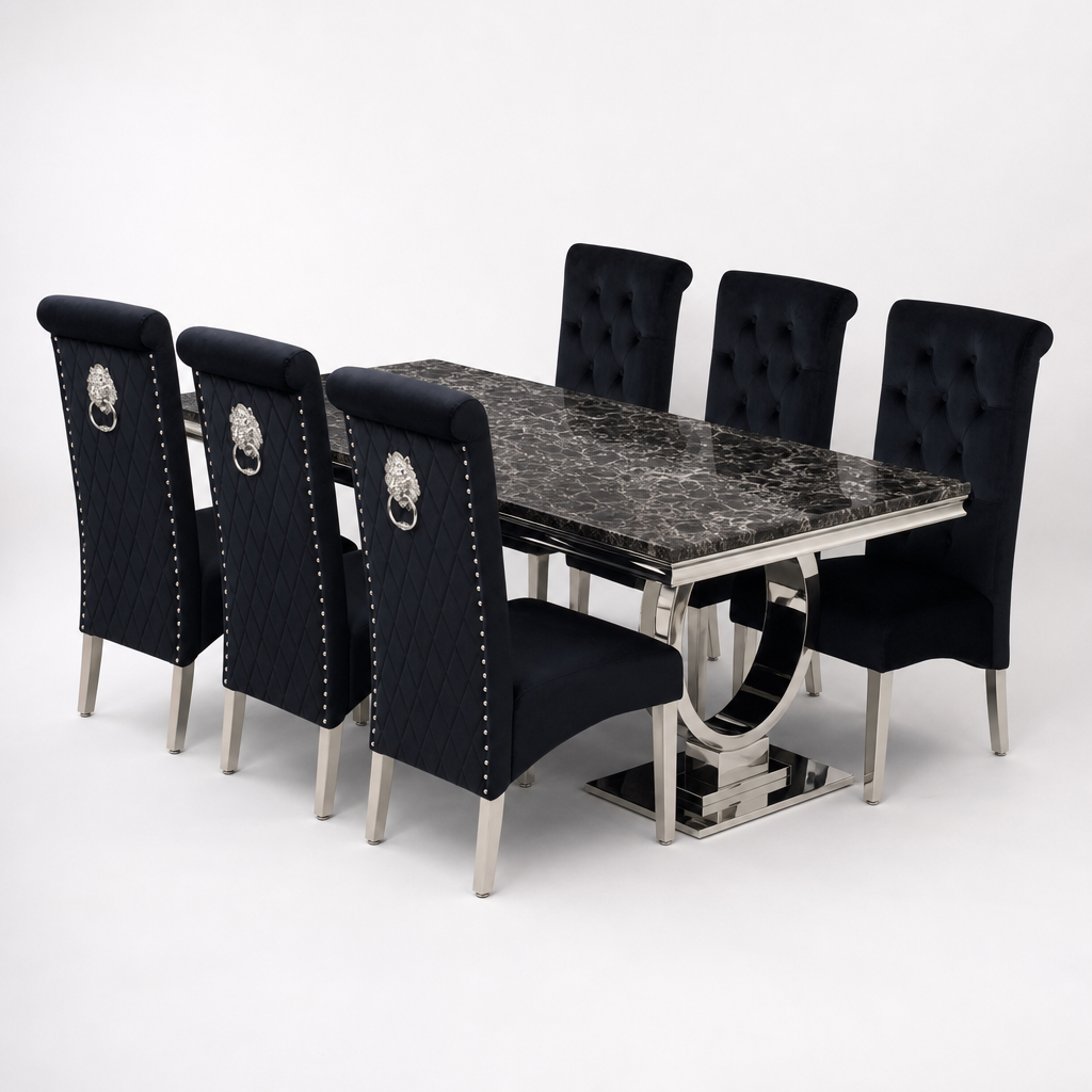 Ariana Black Marble Dining Table Set | Sofia Black Velvet Lion Knocker Chairs | 4 to 10 Seater | 3 Size Options