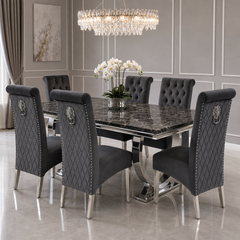 Ariana Black Marble Dining Table Set | Sofia Dark Grey Velvet Lion Knocker Chairs | 4 to 10 Seater | 3 Size Options
