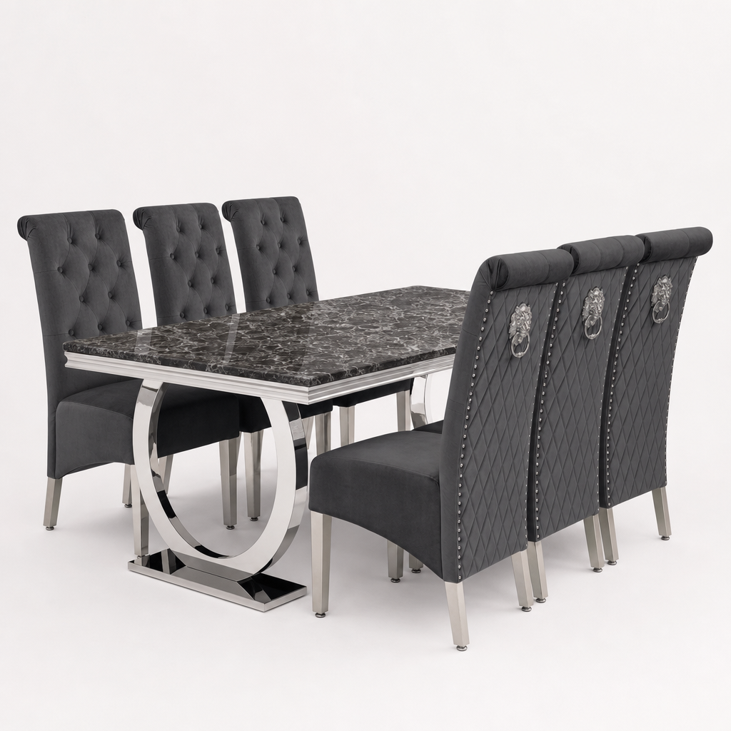 Ariana Black Marble Dining Table Set | Sofia Dark Grey Velvet Lion Knocker Chairs | 4 to 10 Seater | 3 Size Options