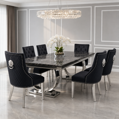 Ariana Black Marble Dining Table Set | Majestic Black Velvet Lion Knocker Chairs | 4 to 10 Seater | 3 Size Options