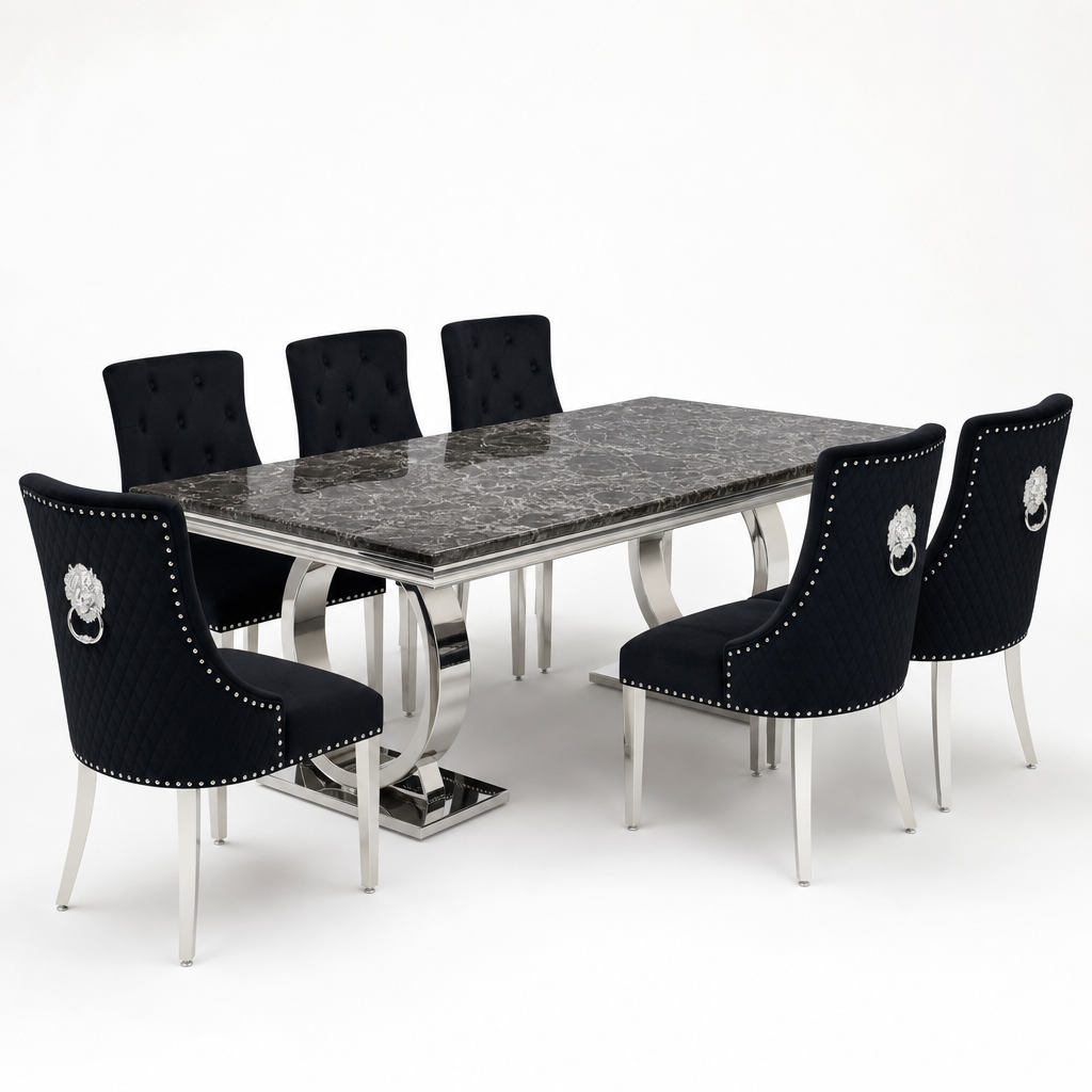 Ariana Black Marble Dining Table Set | Majestic Black Velvet Lion Knocker Chairs | 4 to 10 Seater | 3 Size Options