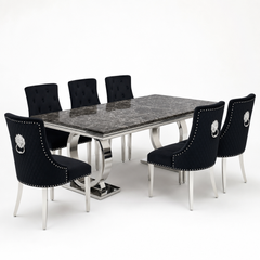 Ariana Black Marble Dining Table Set | Majestic Black Velvet Lion Knocker Chairs | 4 to 10 Seater | 3 Size Options