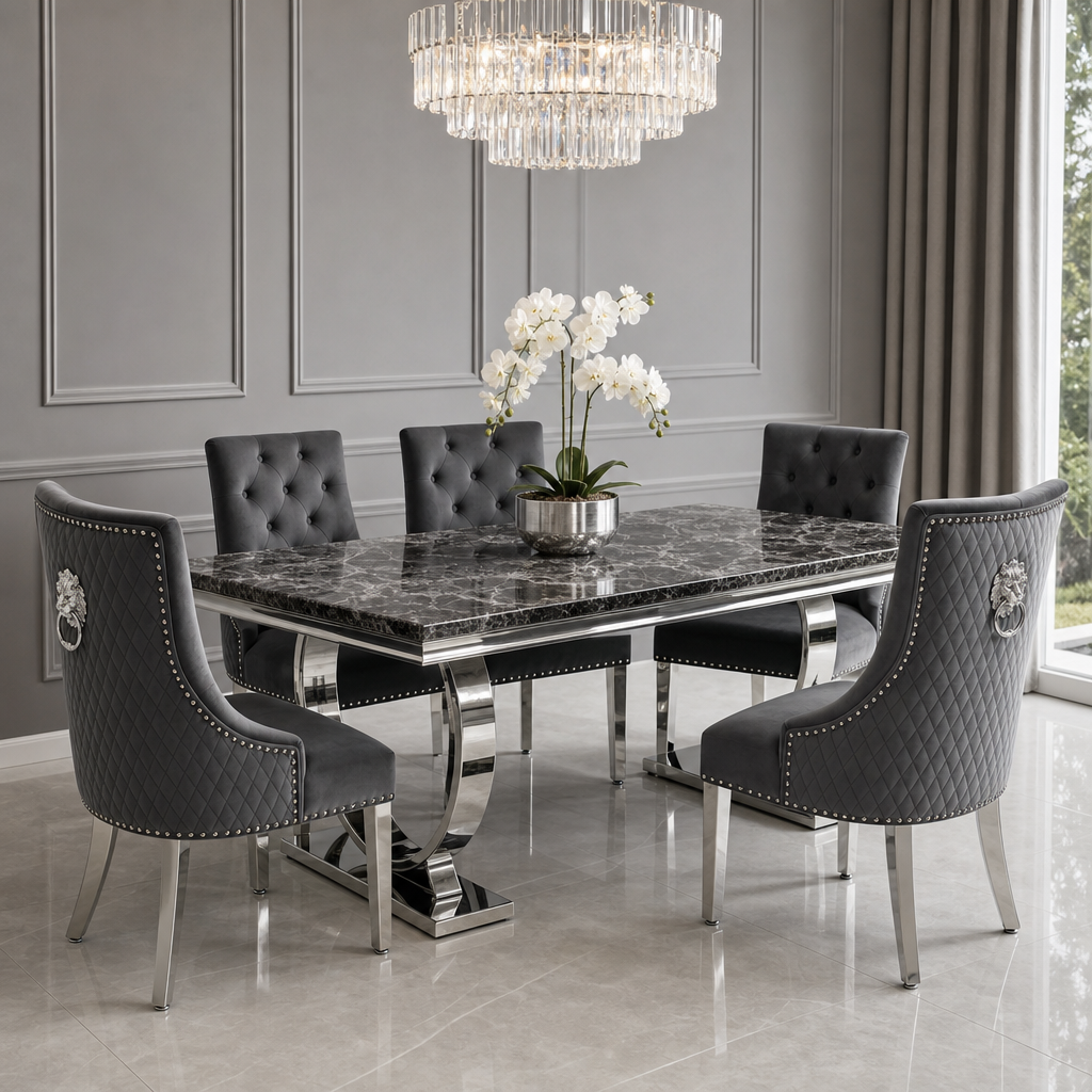 Ariana Black Marble Dining Table Set | Majestic Dark Grey Velvet Lion Knocker Chairs | 4 to 10 Seater | 3 Size Options