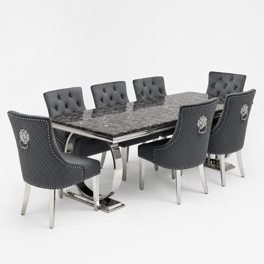 Ariana Black Marble Dining Table Set | Majestic Dark Grey Velvet Lion Knocker Chairs | 4 to 10 Seater | 3 Size Options