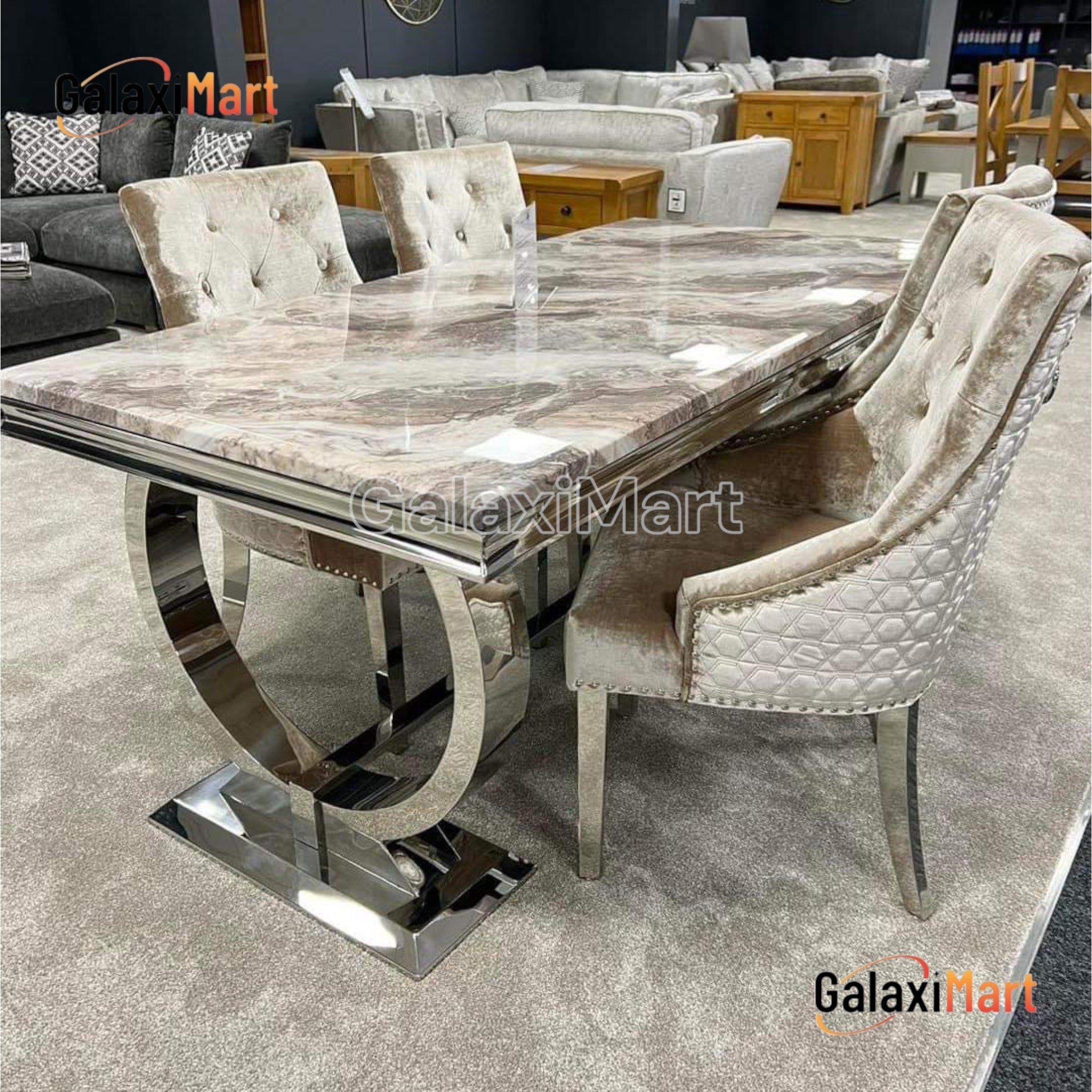 Arianna Grey Marble Dining Table with Sofia High Back Cream Lion Knocker Plush Velvet Dining Chairs