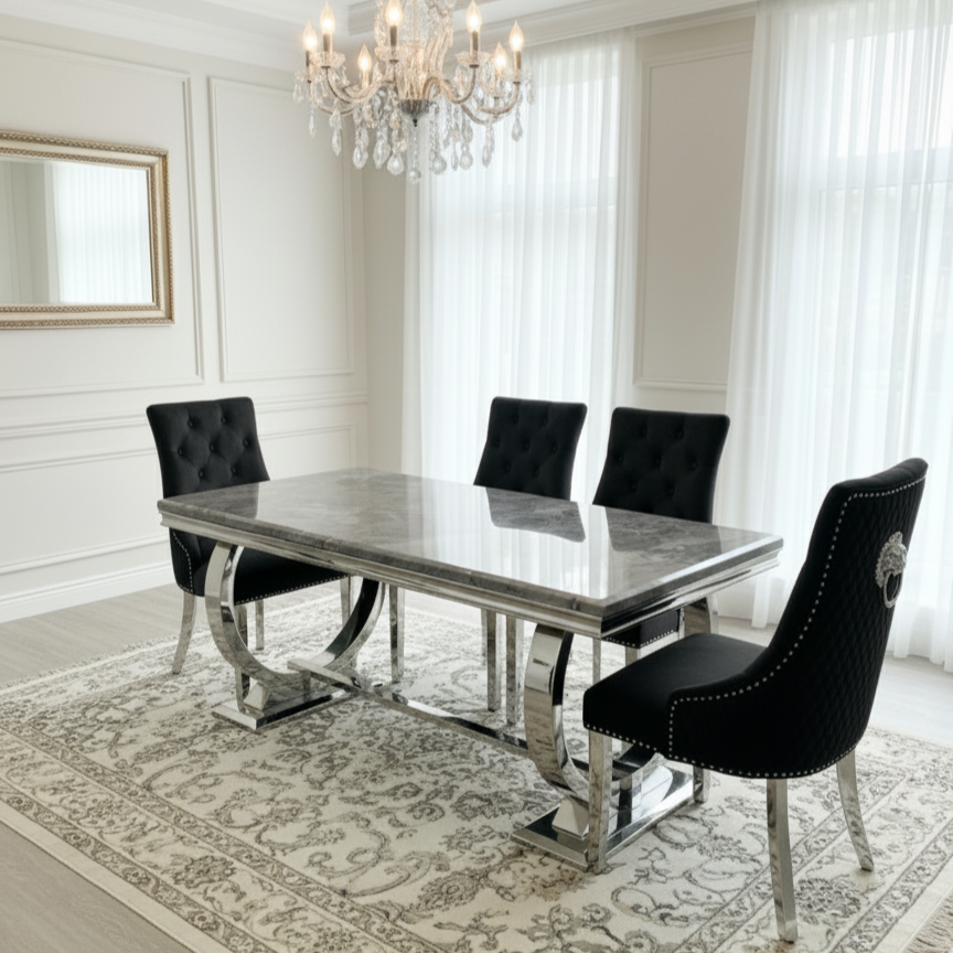 Arianna Grey Marble Dining Table With Majestic Loin Knocker Velvet Dining Chairs And Bench