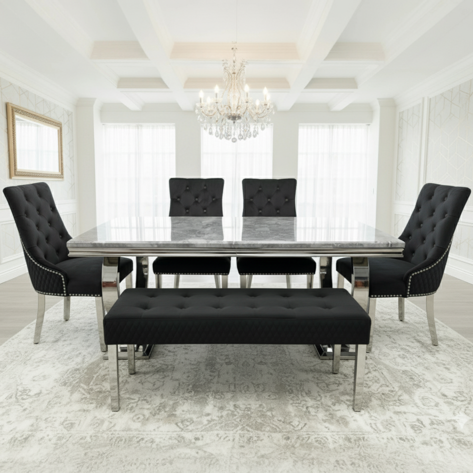 Arianna Grey Marble Dining Table With Majestic Loin Knocker Velvet Dining Chairs And Bench