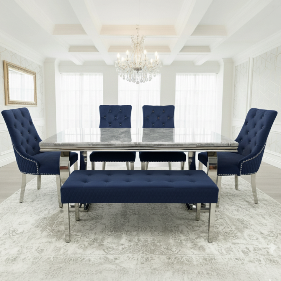 Arianna Grey Marble Dining Table With Majestic Loin Knocker Velvet Dining Chairs And Bench