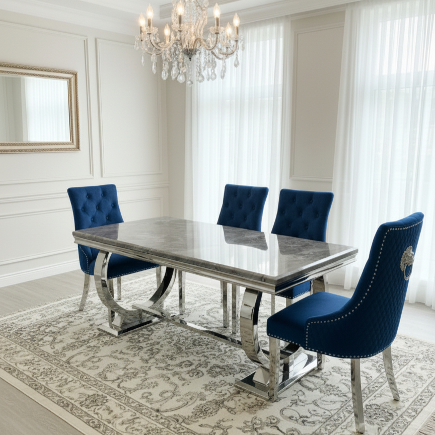 Arianna Grey Marble Dining Table With Majestic Loin Knocker Velvet Dining Chairs And Bench