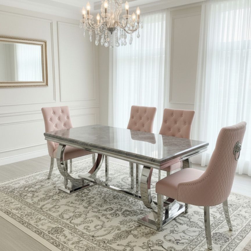 Arianna Grey Marble Dining Table With Majestic Loin Knocker Velvet Dining Chairs And Bench