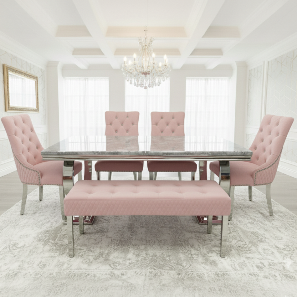 Arianna Grey Marble Dining Table With Majestic Loin Knocker Velvet Dining Chairs And Bench