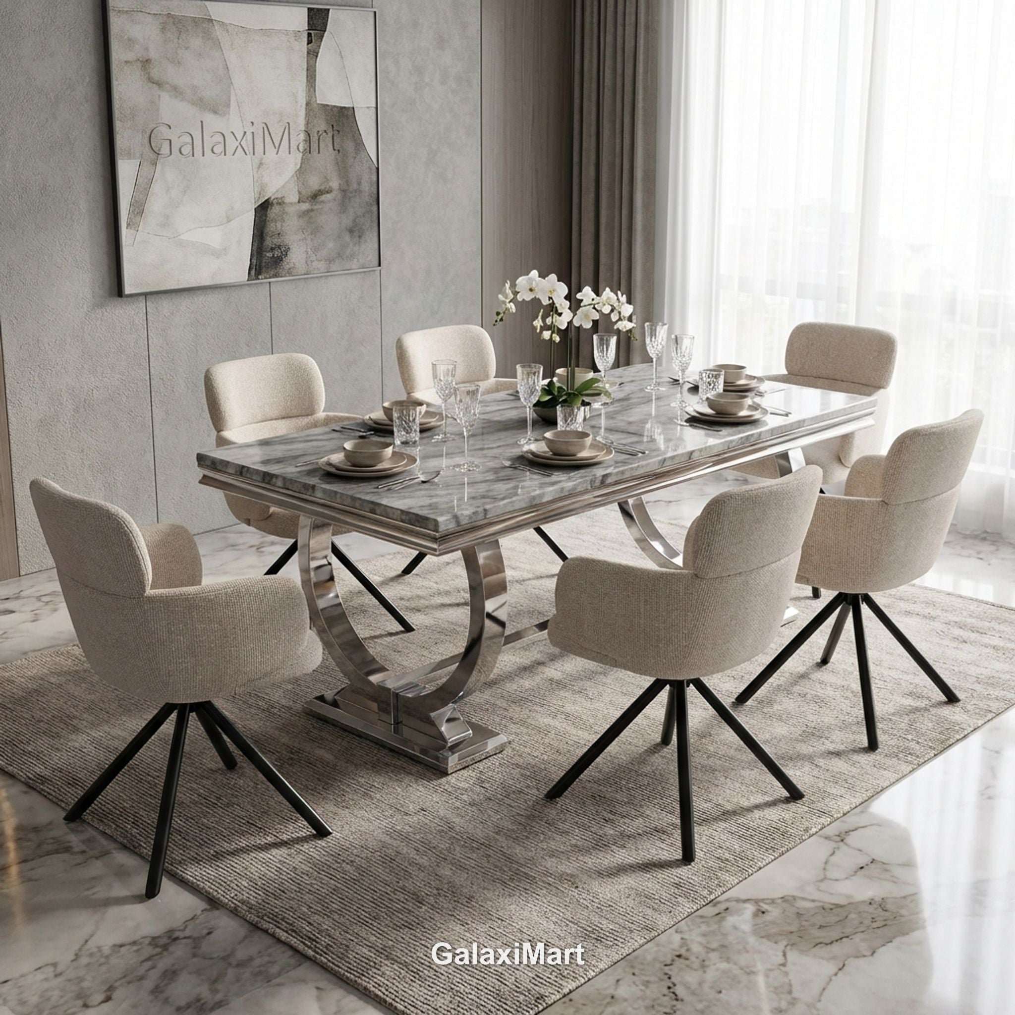 Arianna Grey Marble Dining Table 1.5m/1.8m/2m With Tuscany Dining Chairs