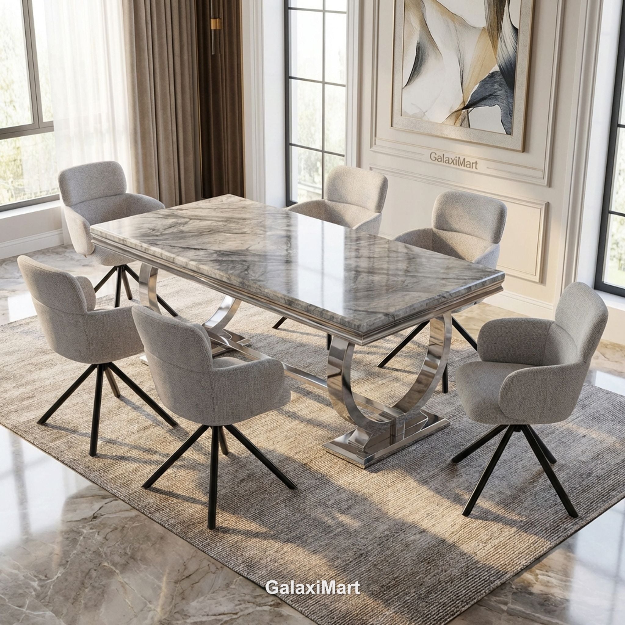 Arianna Grey Marble Dining Table 1.5m/1.8m/2m With Tuscany Dining Chairs