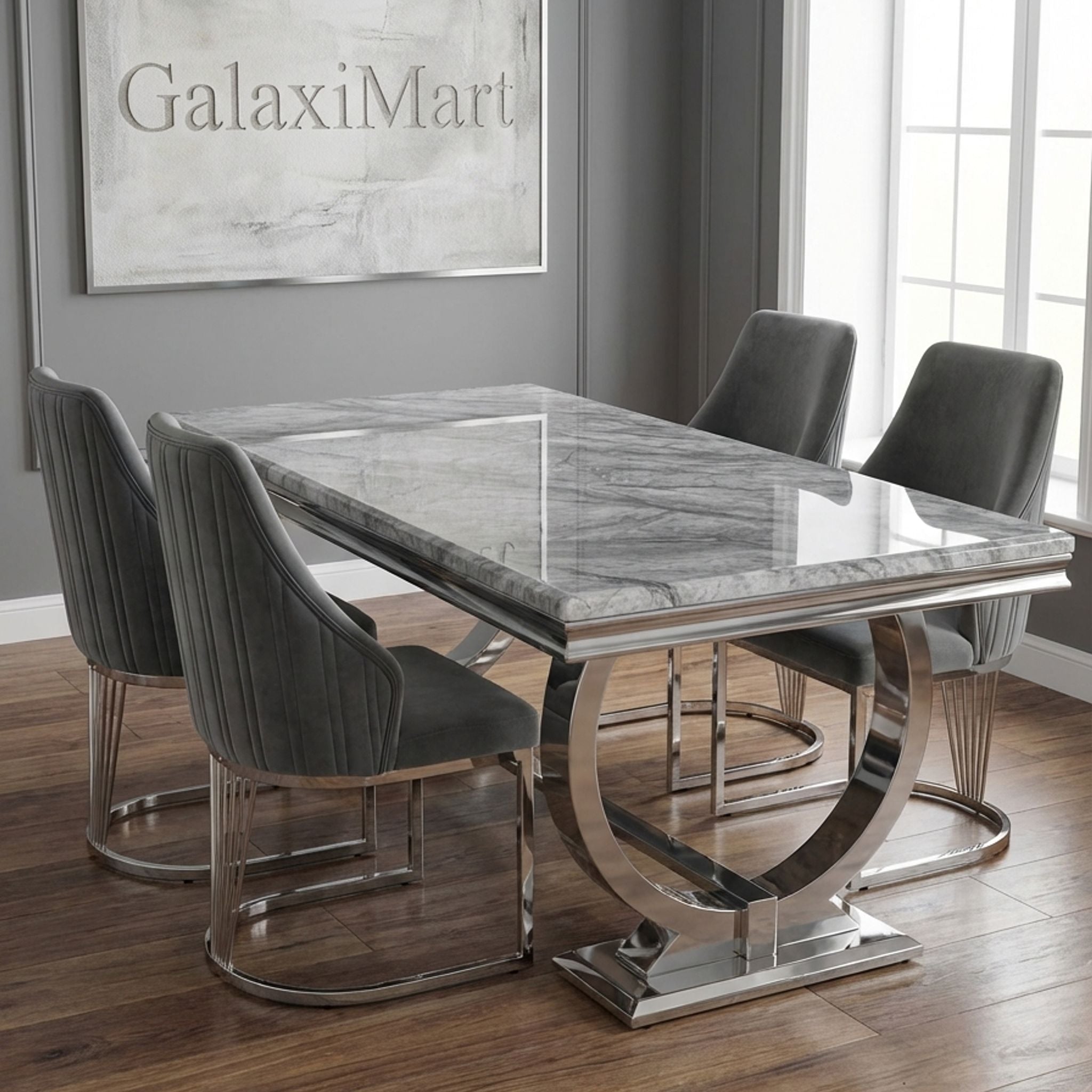 Ariana Grey Marble Dining Table & 4-8 Velvet Ribbed Back Dining Chairs – Premium Chrome Legs