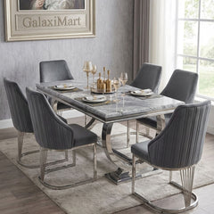 Ariana Grey Marble Dining Table & 4-8 Velvet Ribbed Back Dining Chairs – Premium Chrome Legs