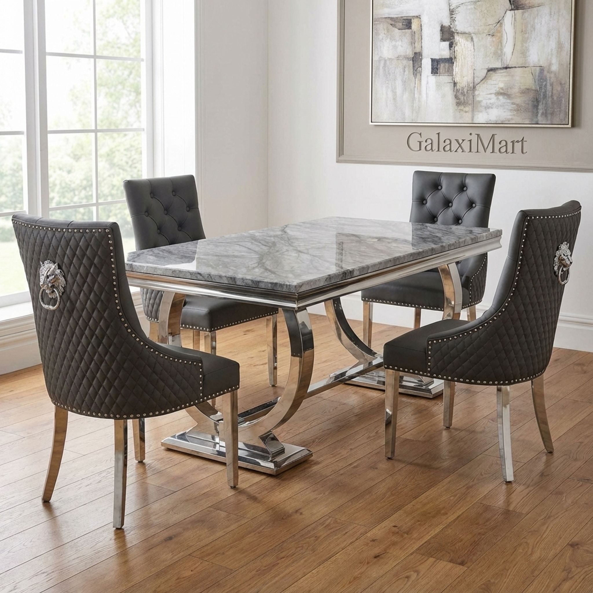 Arianna Grey Marble Dining Table with Majestic PU-Leather Dining Chairs