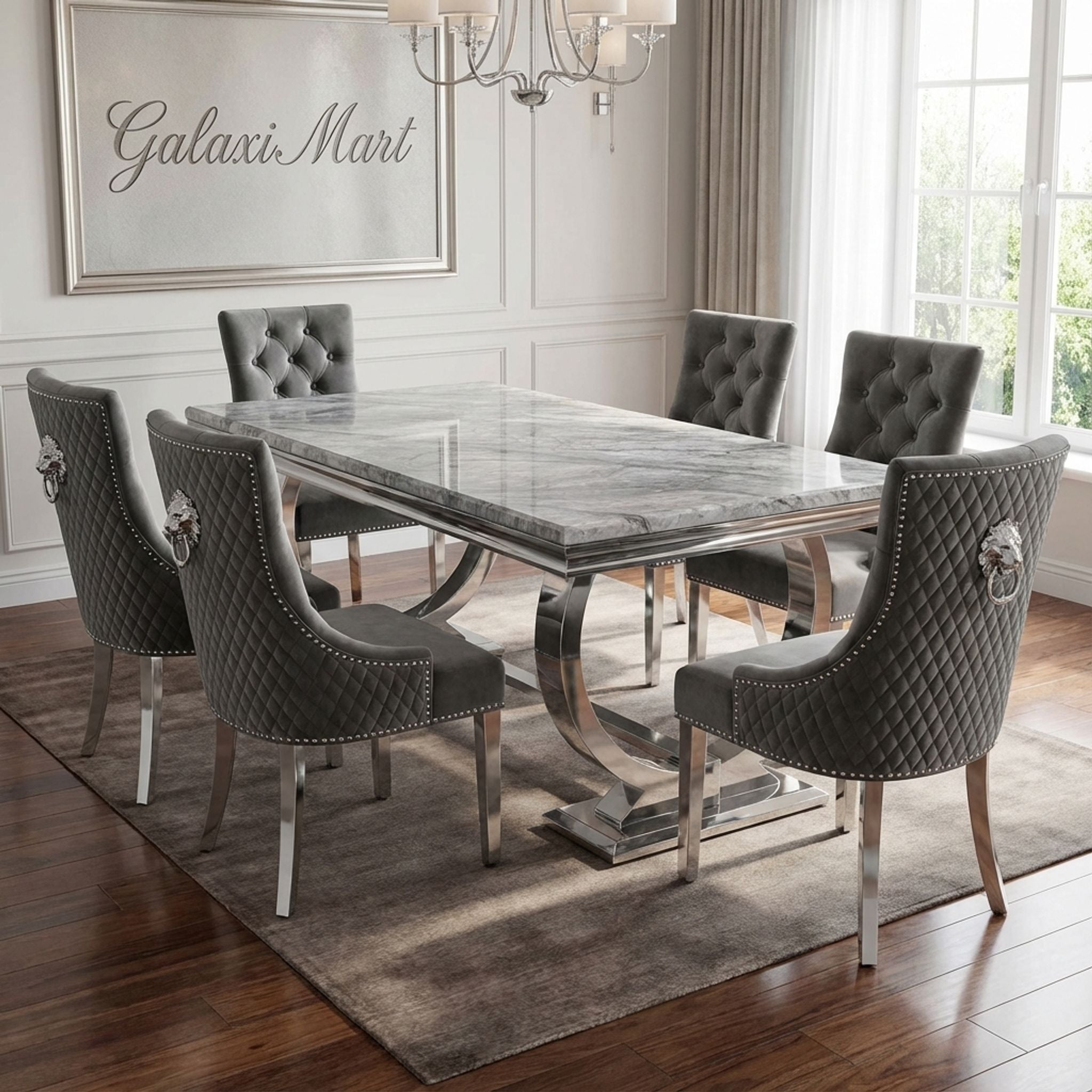 Arianna Grey Marble Dining Table with Majestic PU-Leather Dining Chairs