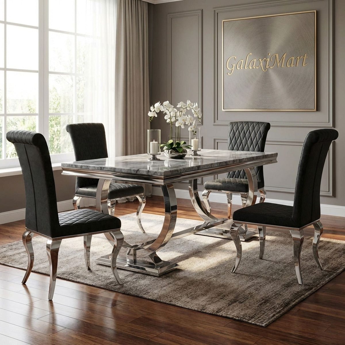 Arianna Grey Marble Dining Table with Nicole PU-Leather Dining Chairs
