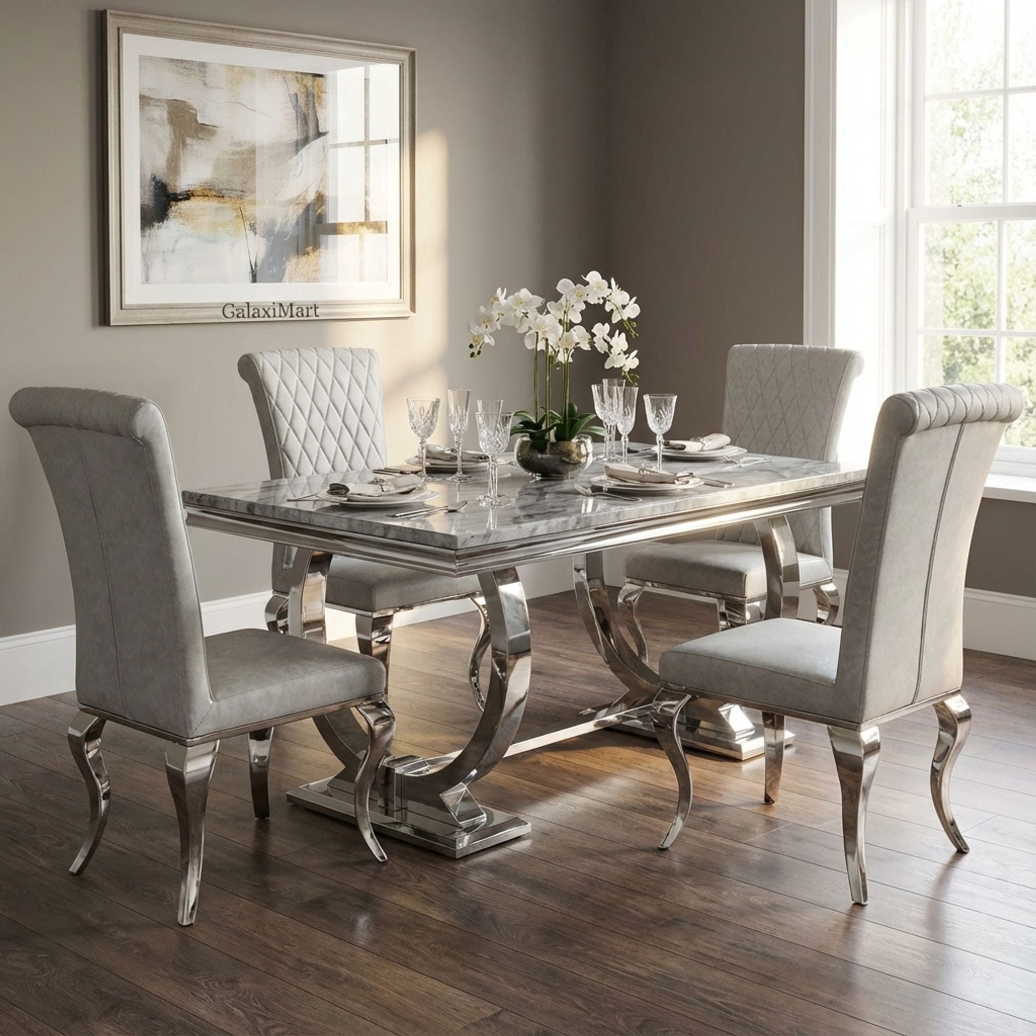 Arianna Grey Marble Dining Table with Nicole PU-Leather Dining Chairs