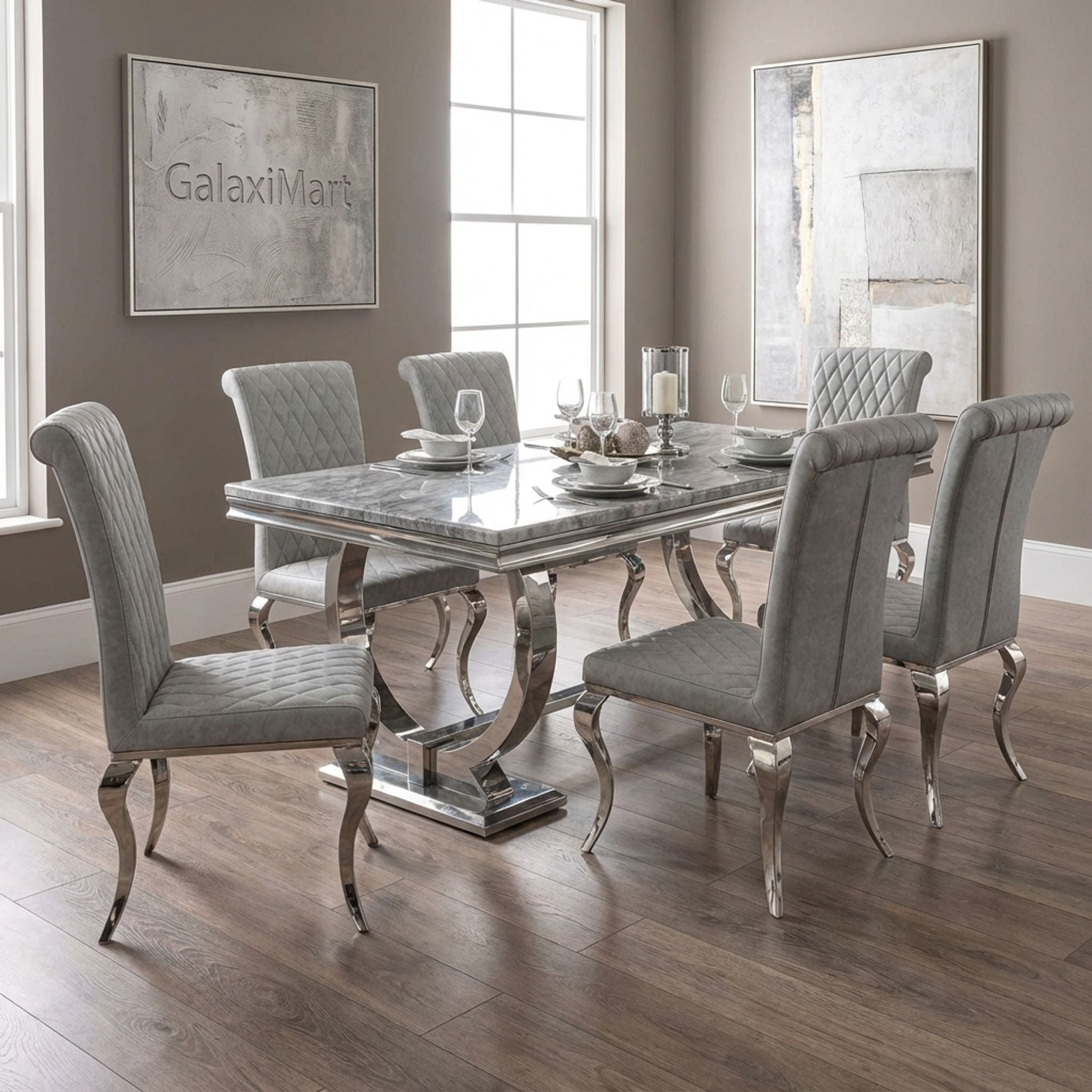 Arianna Grey Marble Dining Table with Nicole PU-Leather Dining Chairs