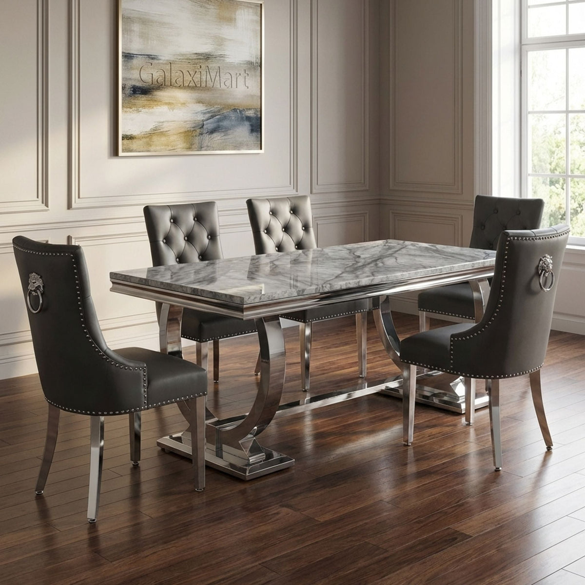 Arianna Grey Marble Dining Table with Valencia Ring Knocker PU-Leather Dark Grey Dining Chairs