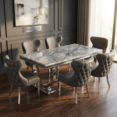 Arianna Grey Marble Dining Table with Valentino PU-Leather Dark Grey Dining Chairs