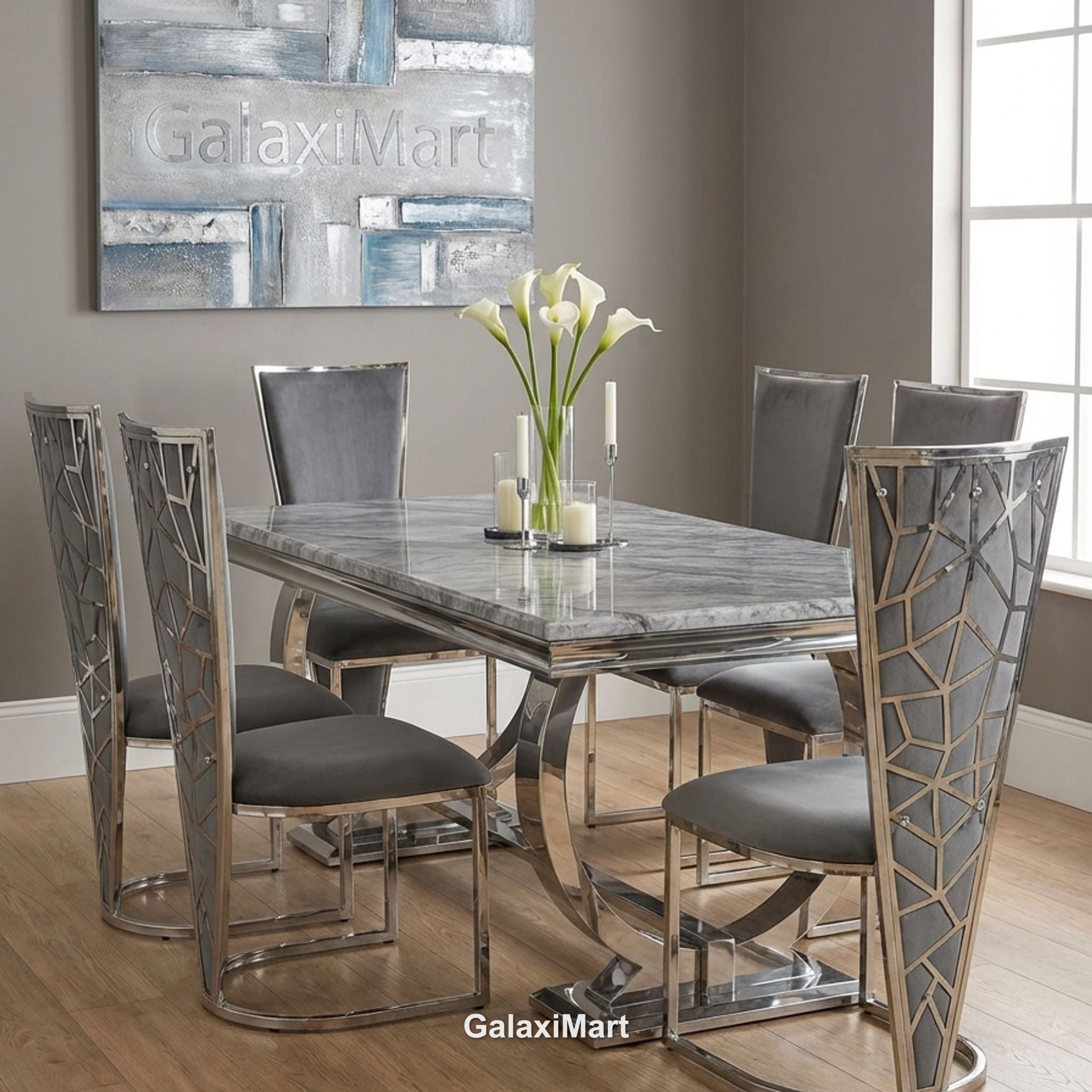 Arianna Grey Marble Dining Table | Modern Chrome Base | GalaxiMart
