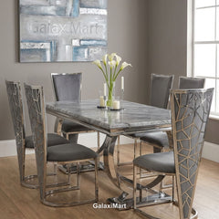 Arianna Grey Marble Dining Table | Modern Chrome Base | GalaxiMart