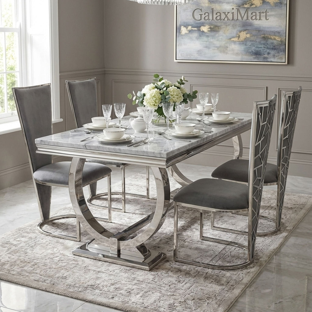 Arianna Grey Marble Dining Table | Modern Chrome Base | GalaxiMart