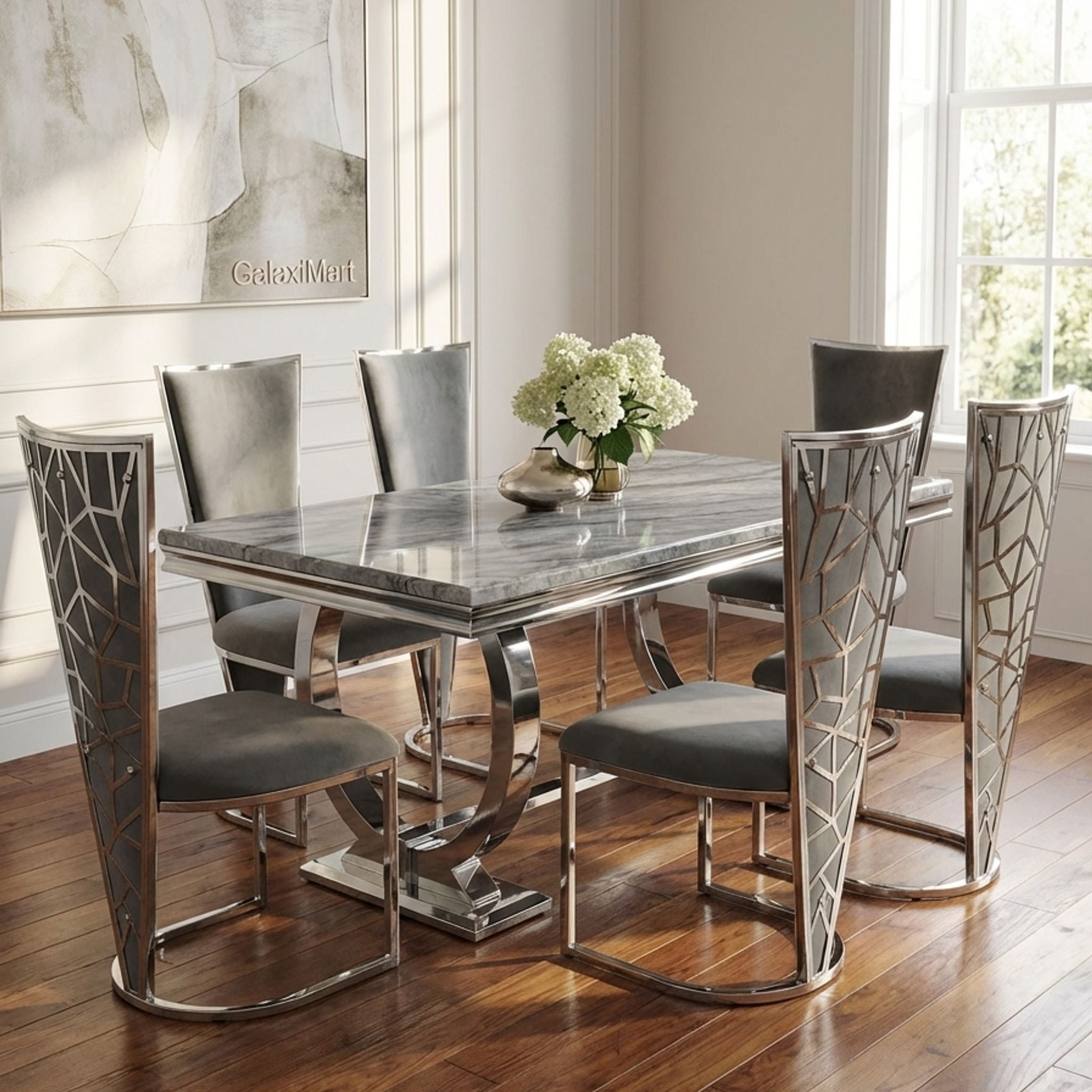 Arianna Grey Marble Dining Table | Modern Chrome Base | GalaxiMart