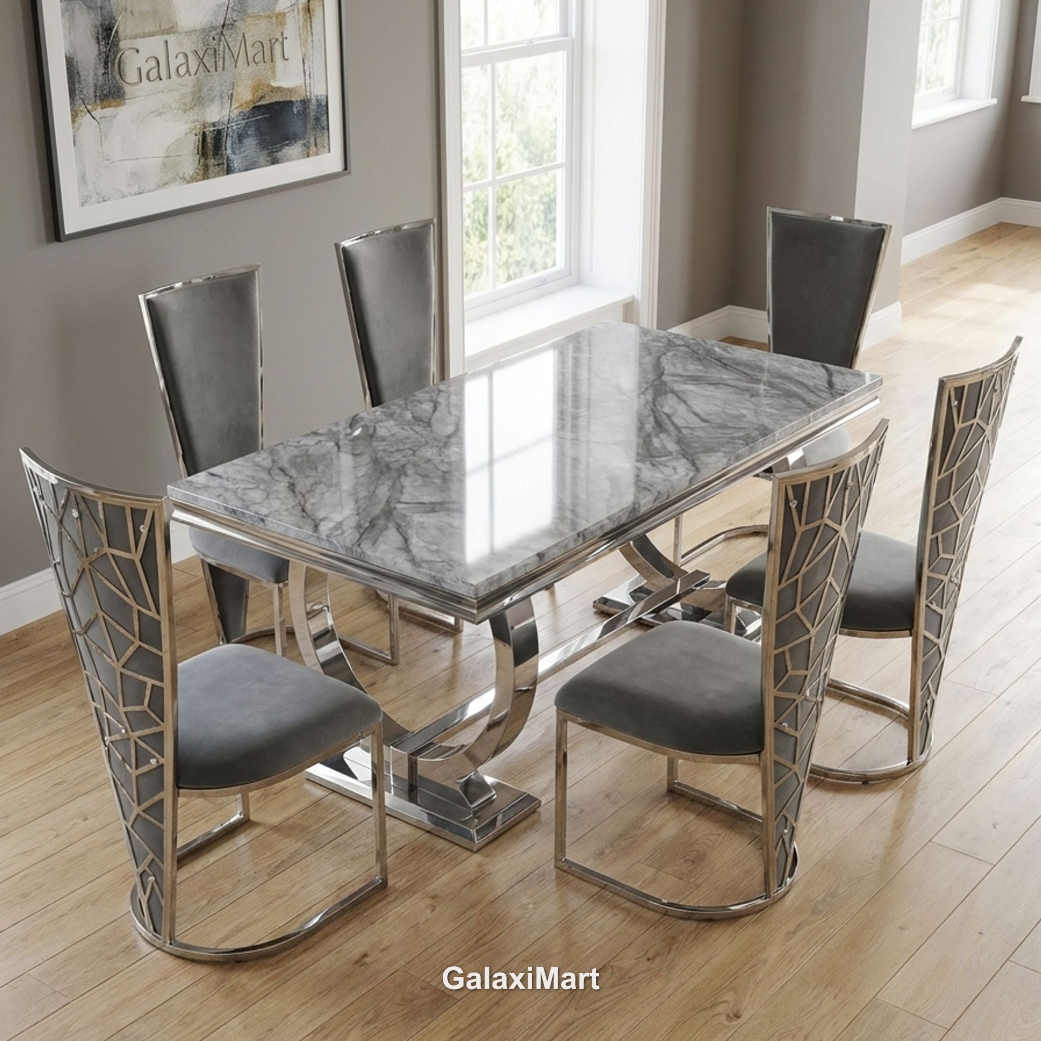 Arianna Grey Marble Dining Table | Modern Chrome Base | GalaxiMart