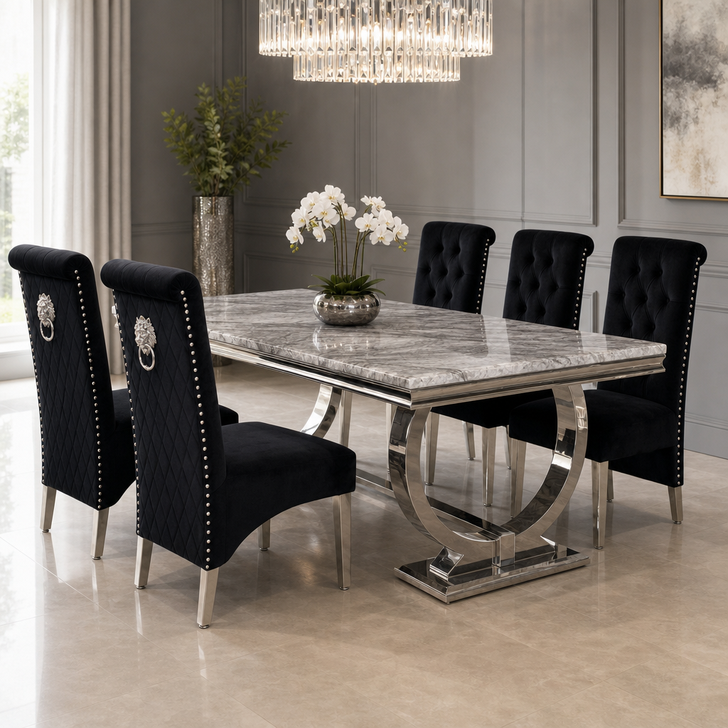 Ariana Grey Marble Dining Table Set | Sofia Black Velvet Lion Knocker Chairs | 4 to 10 Seater | 3 Size Options